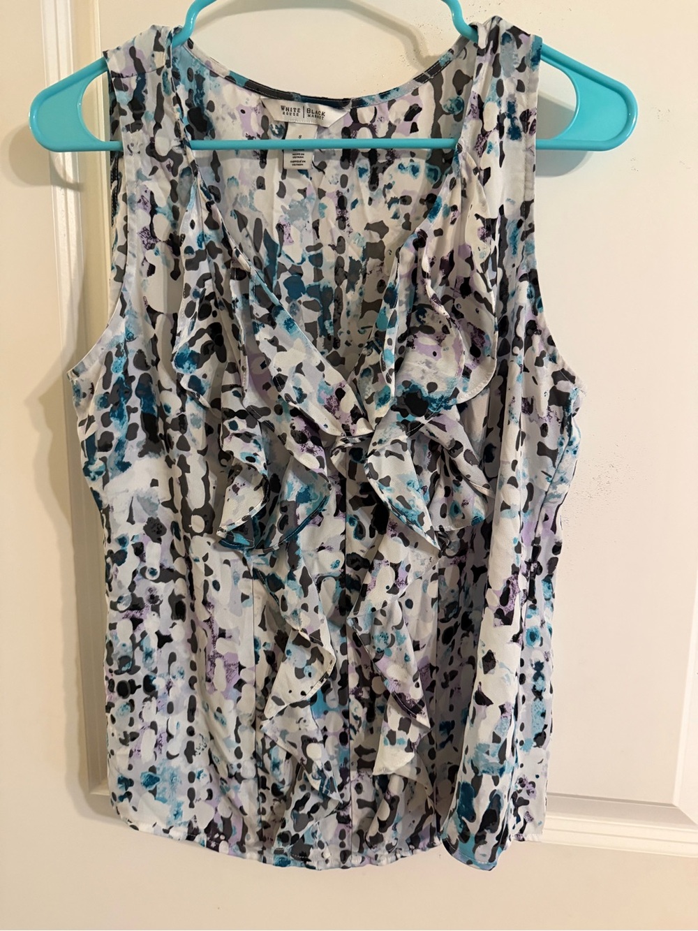White House Black Market White Camisole with Teal, Purple & Black Abstract Print